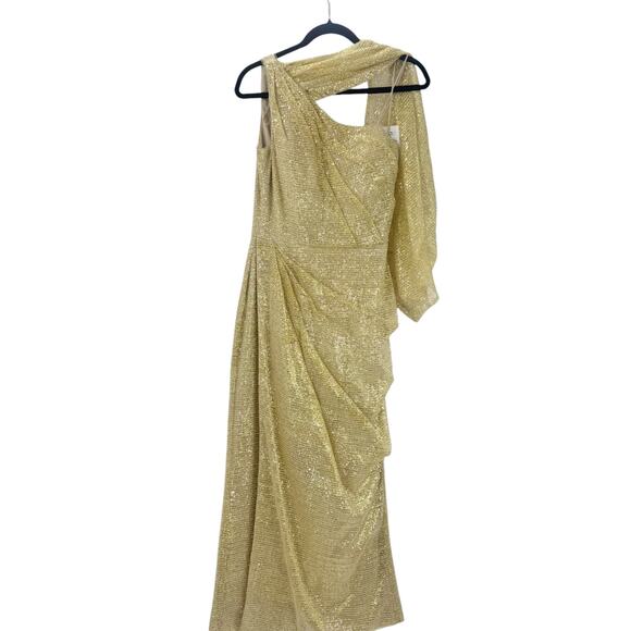 Theia One Shoulder Sleeveless Sash Embellished Sequin Gown Gold Size 4 NWT - Picture 7 of 12